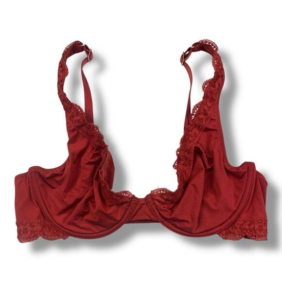Aerie Red Lace Lowcut Underwire No Padding Bra Size 36C - Picture 1 of 6